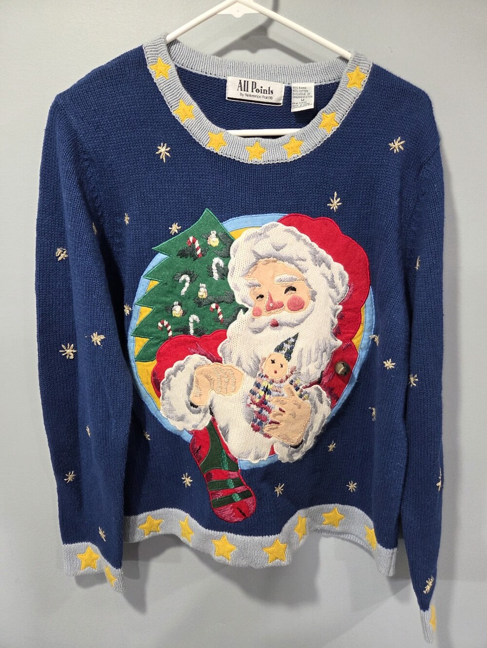 Vintage All Points Embroidered Santa Sweater Medium Christmas